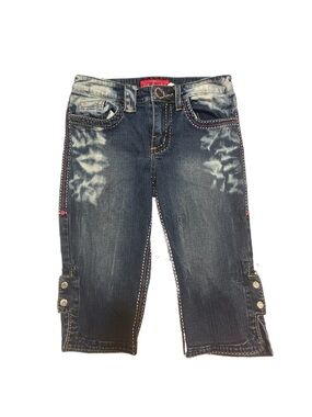 Y2K Baby Phat Dark Wash Denim low rise capris Button Detail contrast stitching